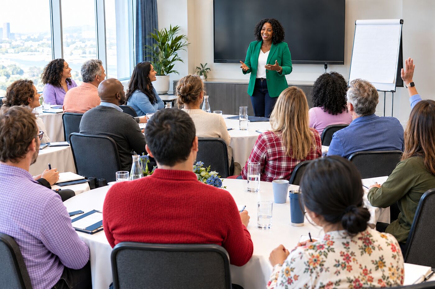 A facilitator leading a leadership development training for a diverse group of leaders in a large conference room