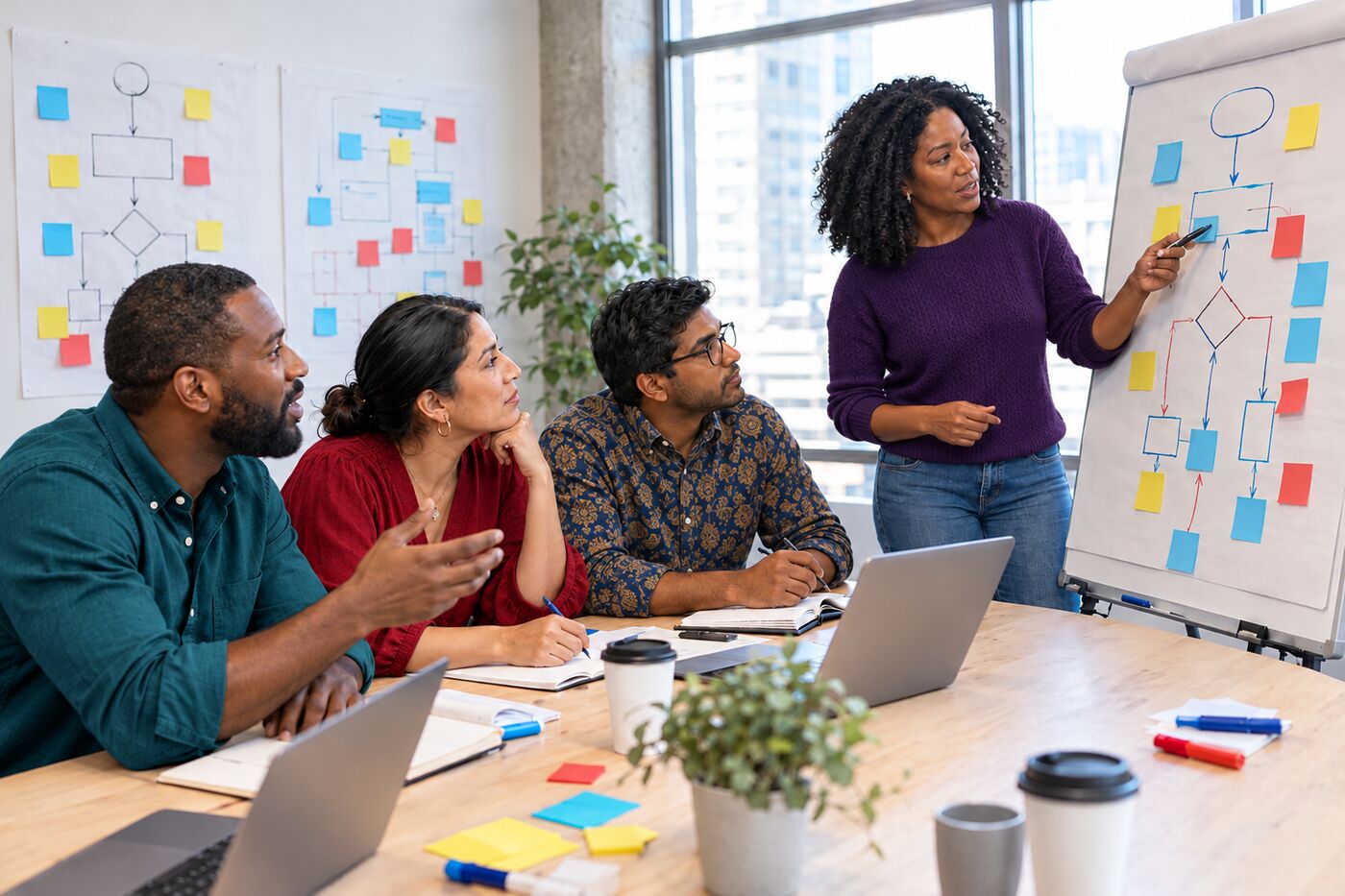 A team of professionals of color mapping workflows on large sticky pads in a conference room